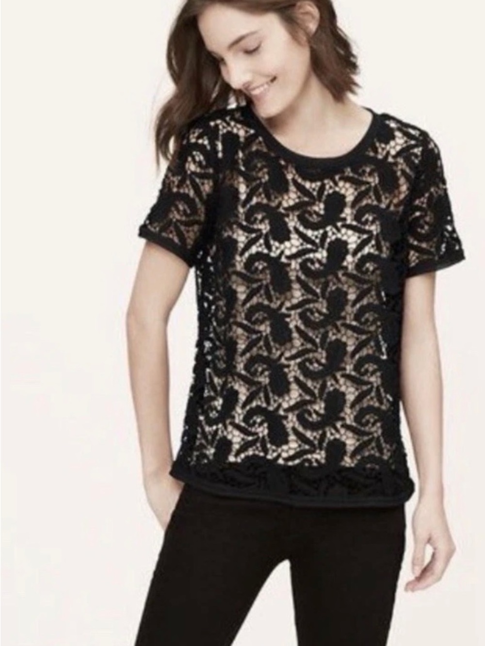 LOFT Black Guipure Lace Short Sleeve Top Women's Size Small